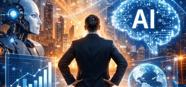 Businessman facing futuristic digital displays showing AI, graphs, and a robot