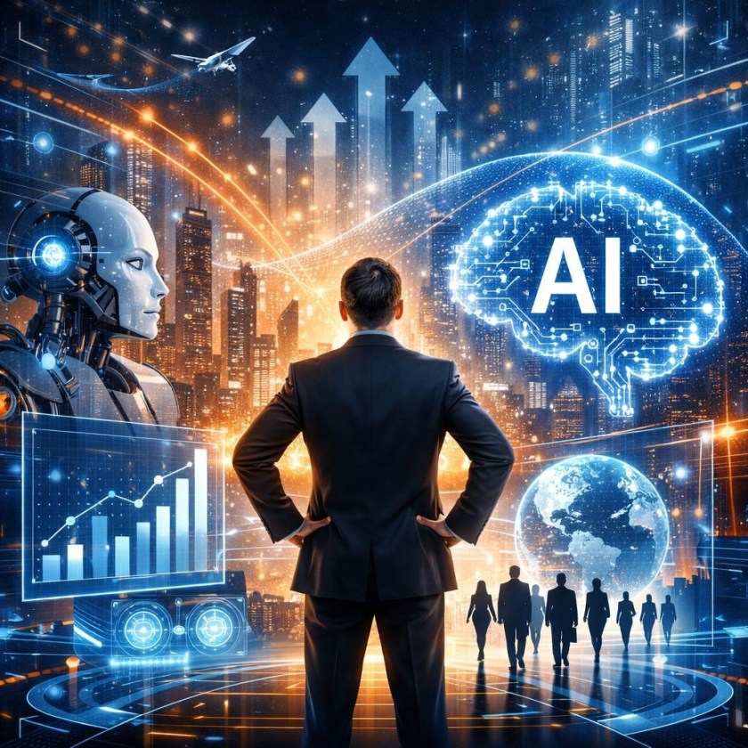 Businessman facing futuristic digital displays showing AI, graphs, and a robot