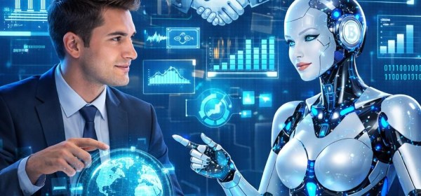 Businessman and humanoid robot interacting with digital banking holograms and data visualizations
