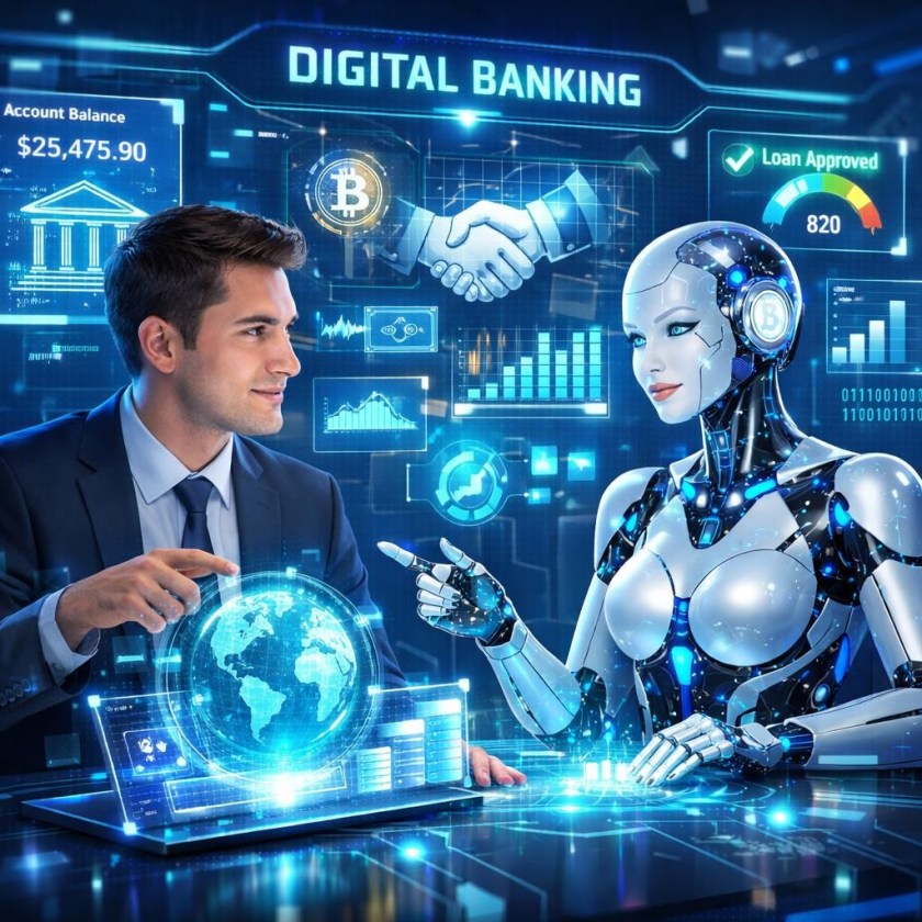 Businessman and humanoid robot interacting with digital banking holograms and data visualizations