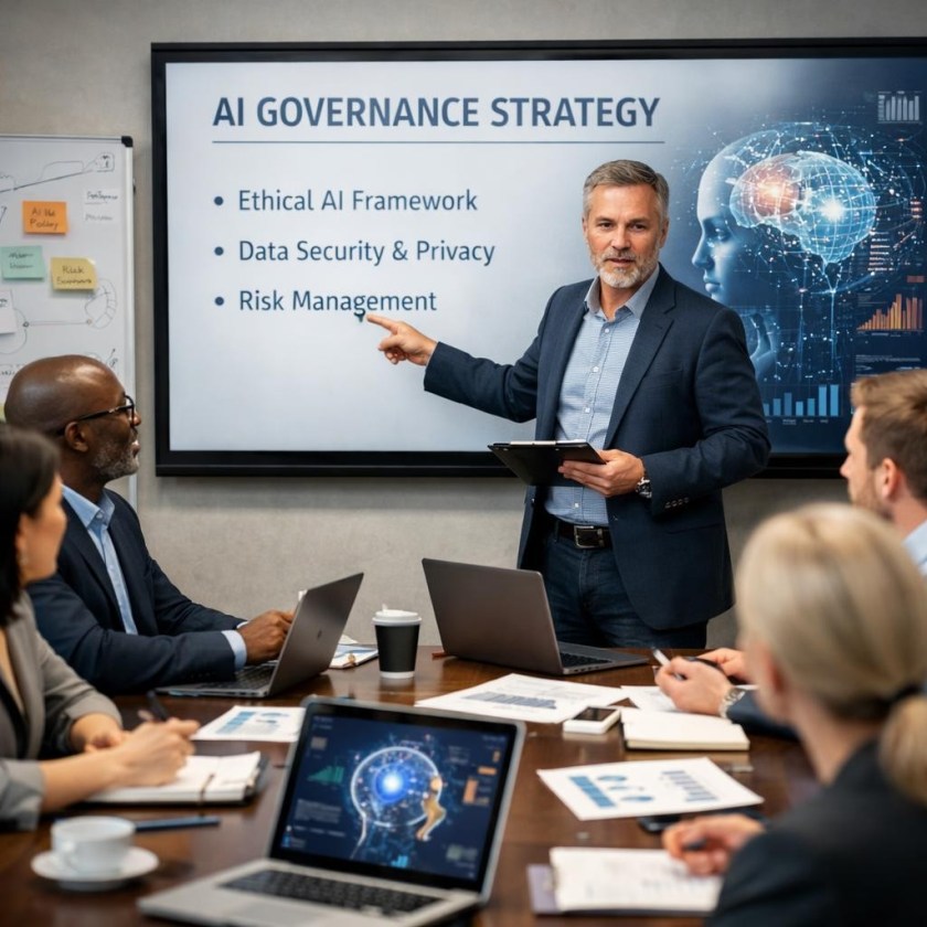 Businessman presenting AI governance strategy to colleagues in a conference room