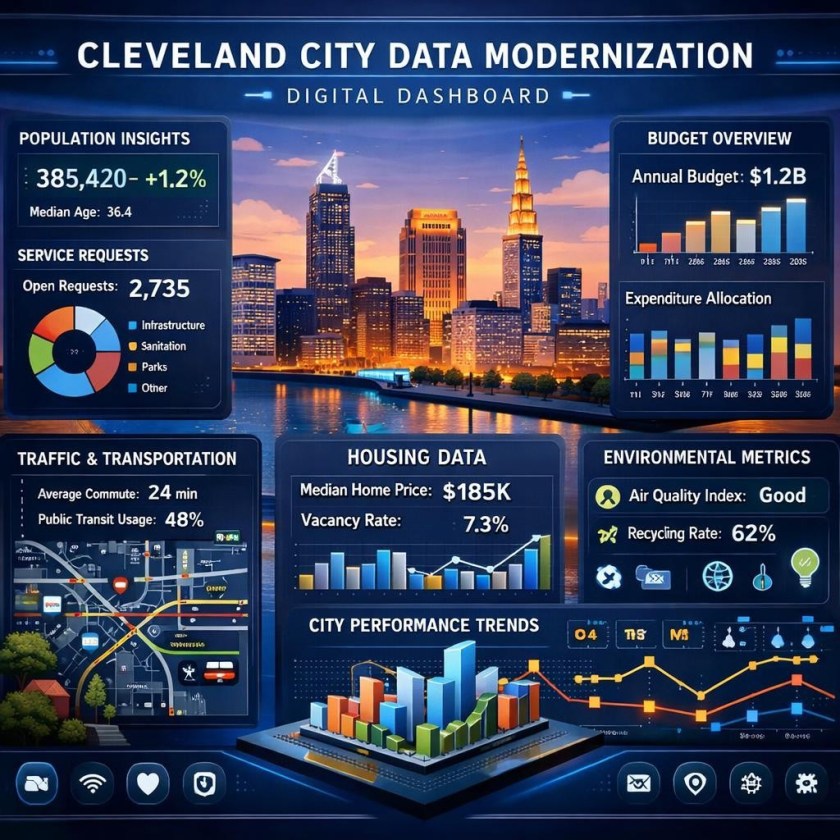 Dashboard with Cleveland city data including population, budget, traffic, housing, environment, and performance trends