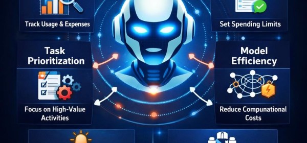 AI agent cost management with elements like cost monitoring, budget optimization, task prioritization, model efficiency, usage alerts, and vendor management.
