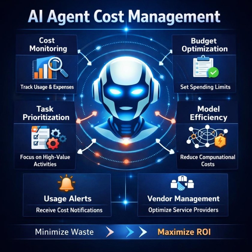 AI agent cost management with elements like cost monitoring, budget optimization, task prioritization, model efficiency, usage alerts, and vendor management.
