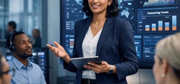 Businesswoman presenting data analytics dashboard to colleagues in office meeting
