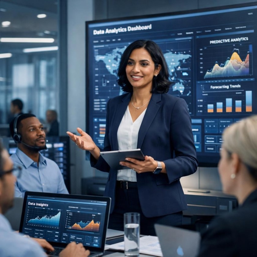 Businesswoman presenting data analytics dashboard to colleagues in office meeting