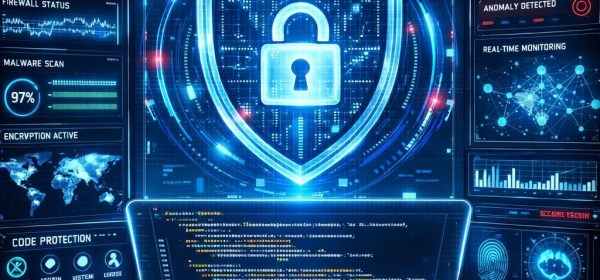 Digital shield with lock symbol and cybersecurity monitoring screens showing intrusion blocked and risk analysis