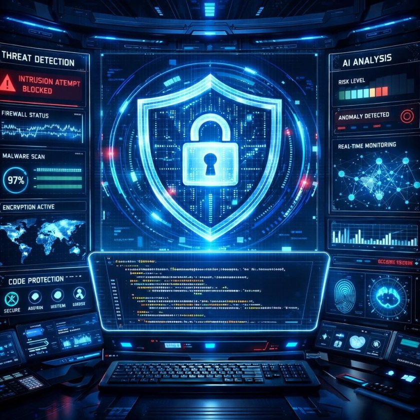 Digital shield with lock symbol and cybersecurity monitoring screens showing intrusion blocked and risk analysis