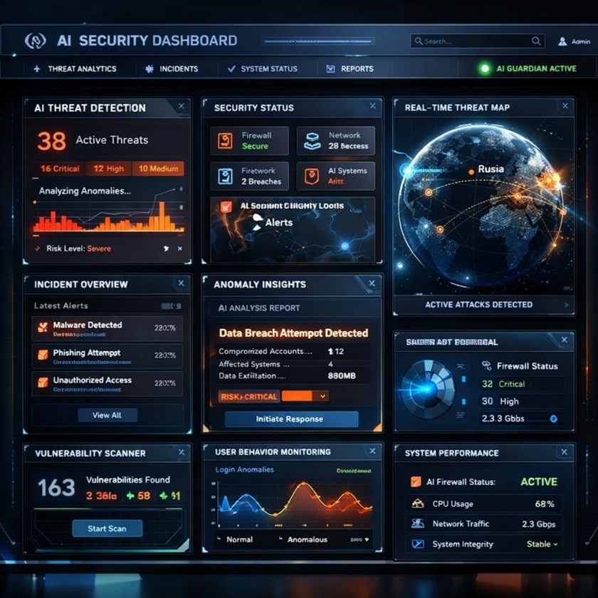 AI security dashboard showing active threats, breach attempts, and system performance metrics