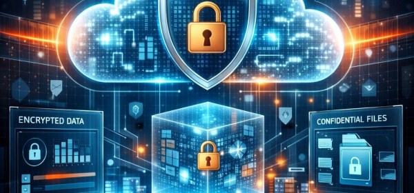 Cloud computing with shield and padlock icons securing data and files