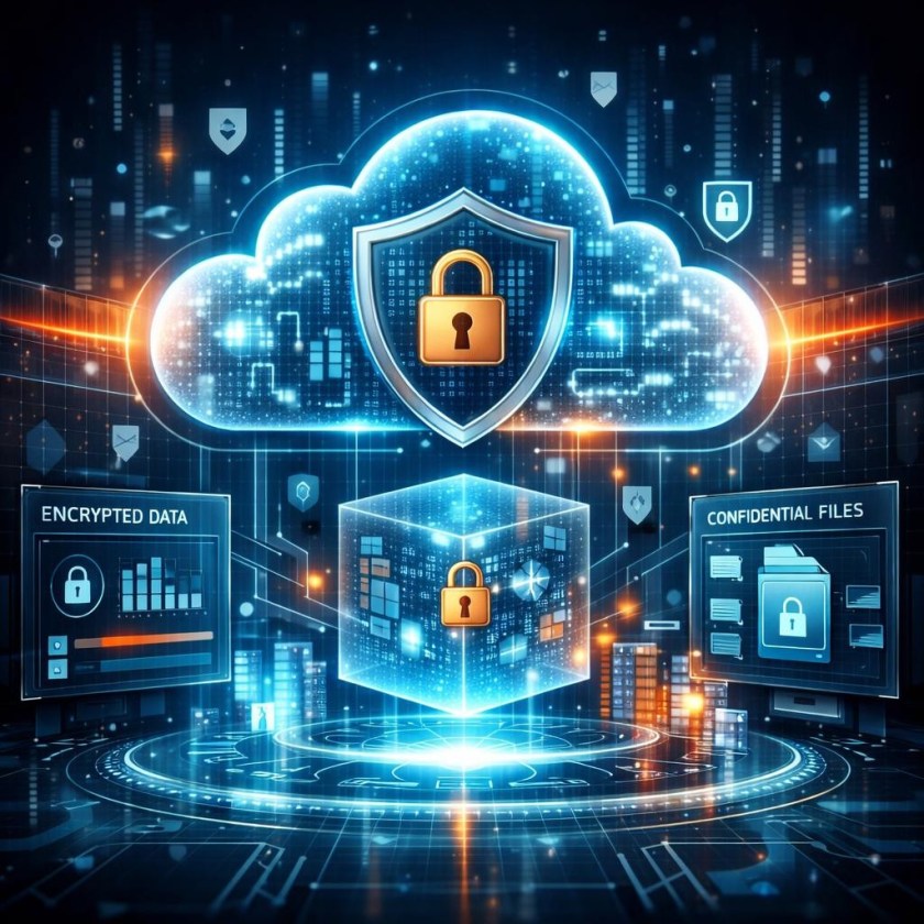 Cloud computing with shield and padlock icons securing data and files