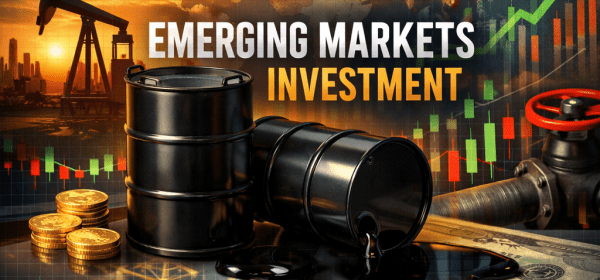 Oil barrels spilling over US dollar bills with a stock market chart and world map background highlighting emerging markets.