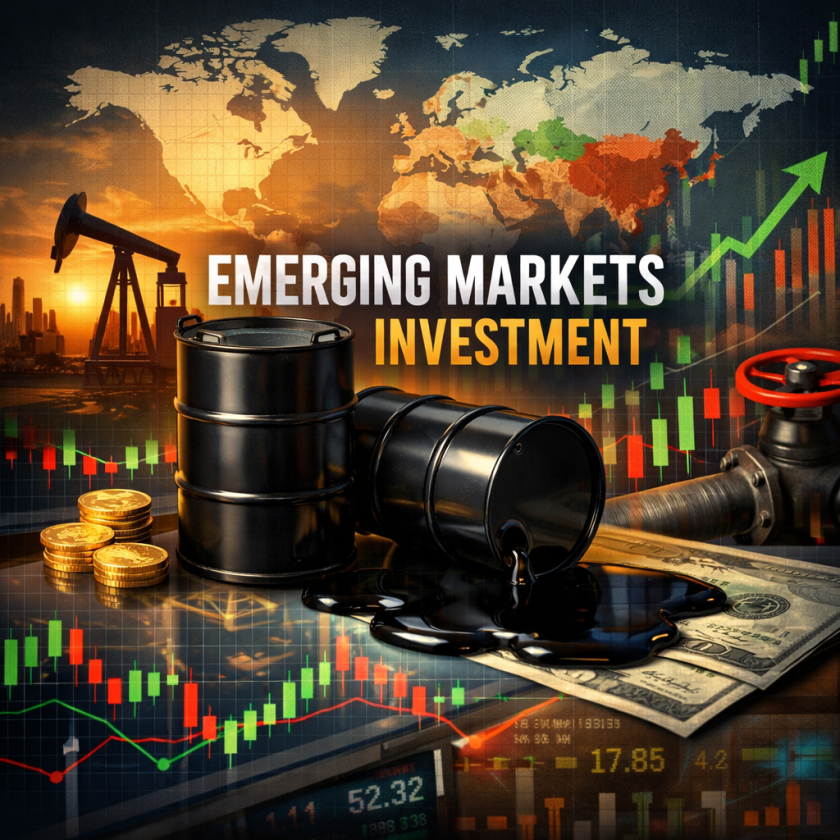 Oil barrels spilling over US dollar bills with a stock market chart and world map background highlighting emerging markets.