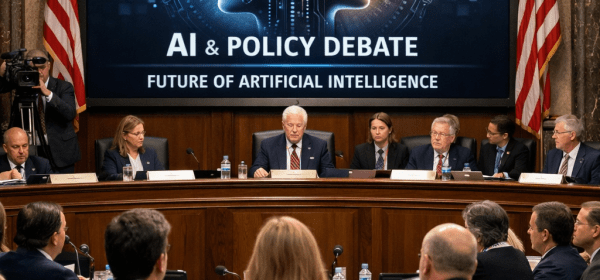 Conference panel discussing AI and policy debate on the future of artificial intelligence