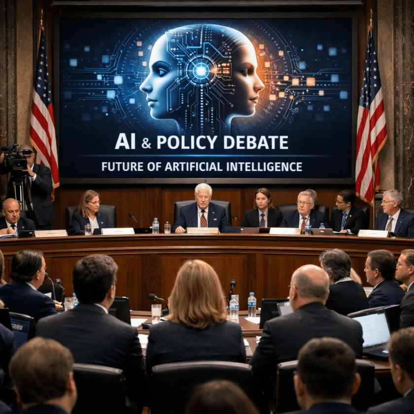 Conference panel discussing AI and policy debate on the future of artificial intelligence