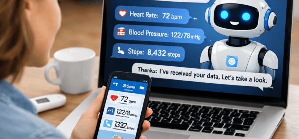 Woman interacting with AI assistant on laptop and smartphone showing heart rate, blood pressure, and steps