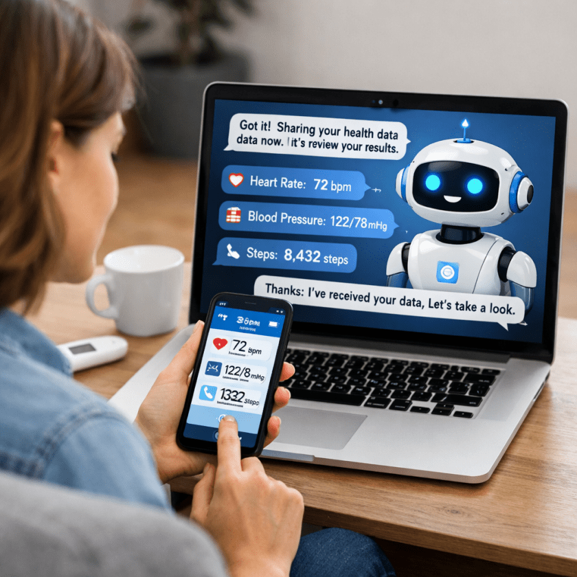 Woman interacting with AI assistant on laptop and smartphone showing heart rate, blood pressure, and steps