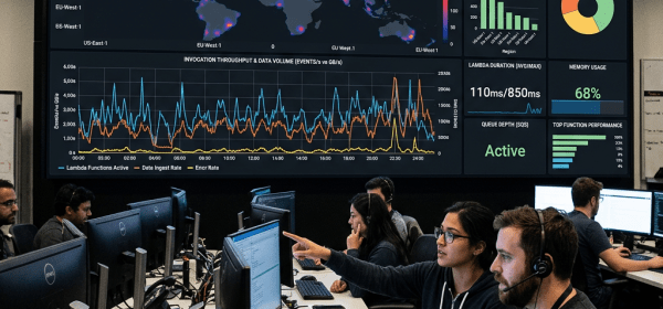 Dashboard showing AWS Lambda system status, global execution heatmap, throughput graphs, memory usage, and function performance