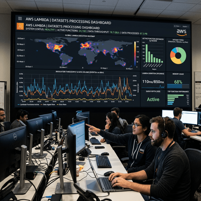 Dashboard showing AWS Lambda system status, global execution heatmap, throughput graphs, memory usage, and function performance
