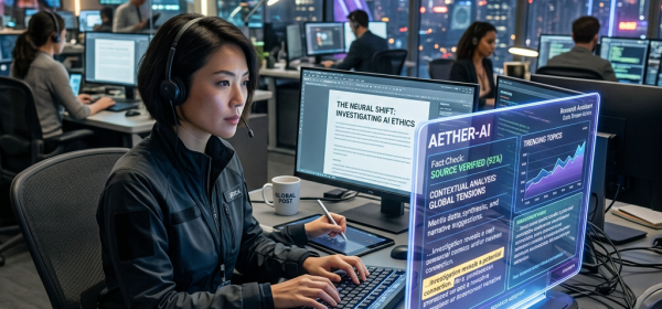 Journalist working with AI interface and multiple screens in newsroom