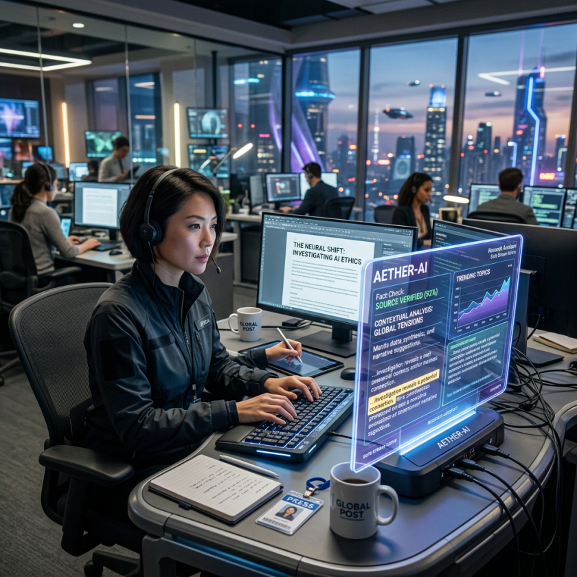 Journalist working with AI interface and multiple screens in newsroom