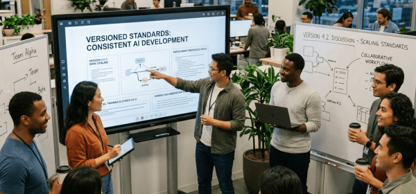Team presenting and discussing AI development standards and workflow on screen and whiteboard