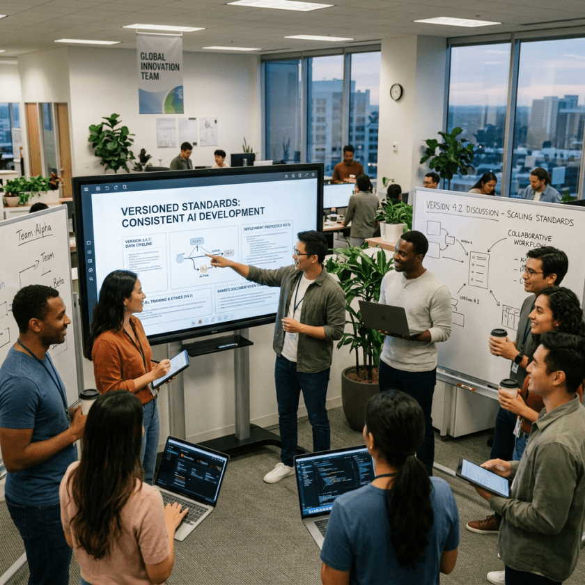 Team presenting and discussing AI development standards and workflow on screen and whiteboard