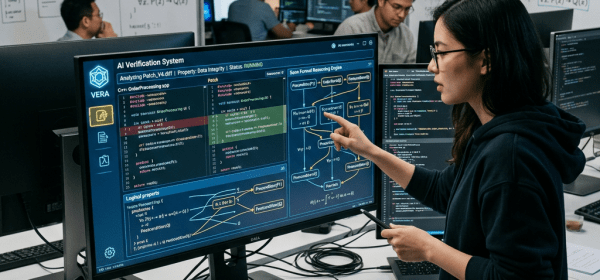 Engineer analyzing AI verification system software code on desktop monitor in office