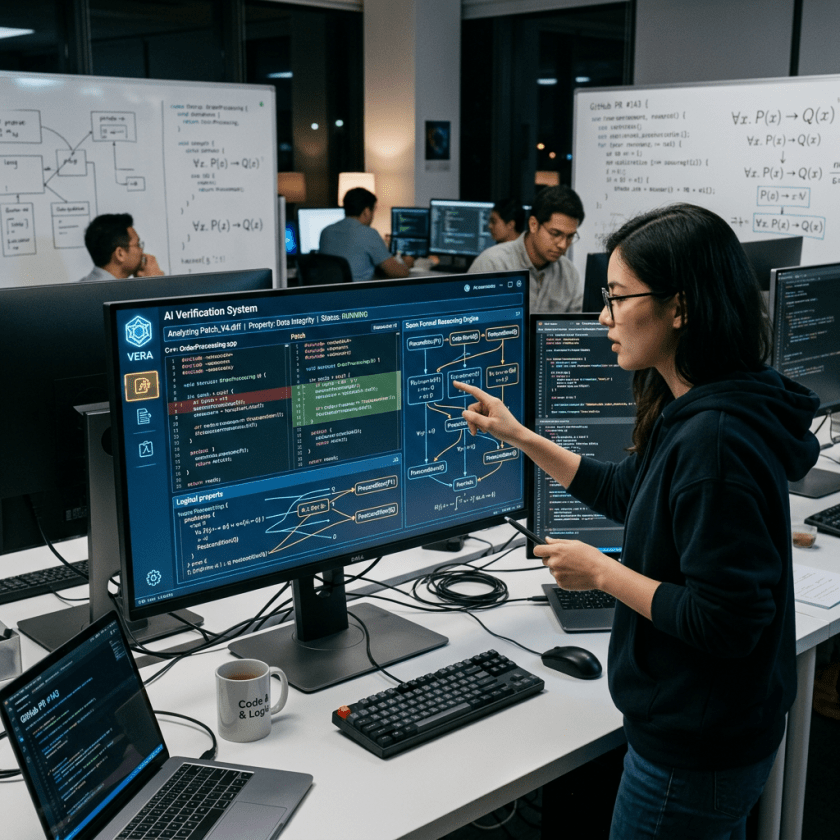 Engineer analyzing AI verification system software code on desktop monitor in office