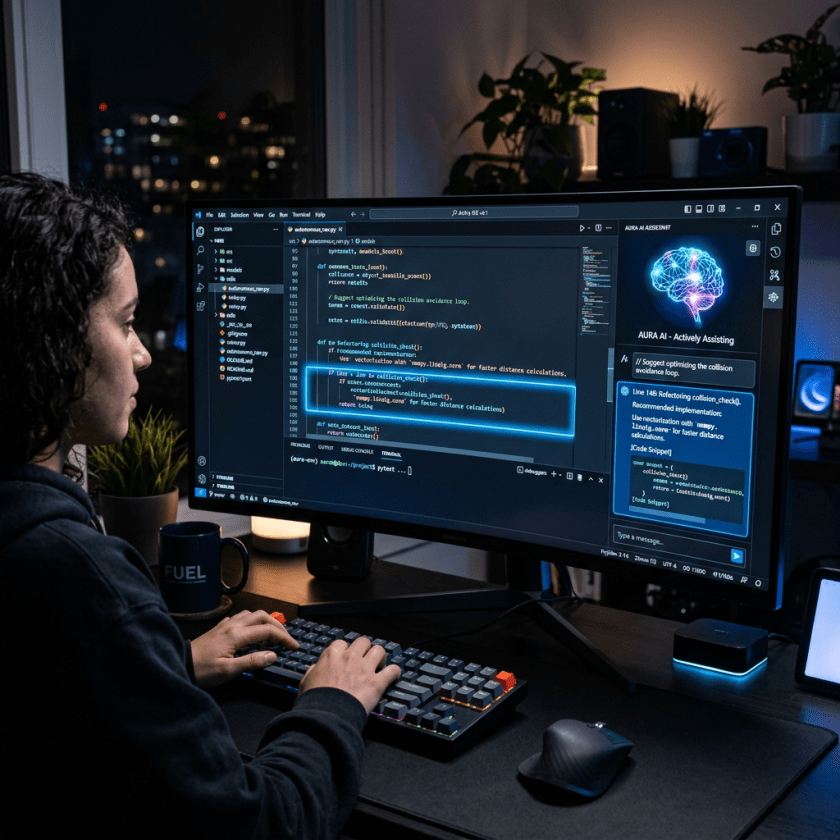 Developer working on code with AI assistance on a large monitor