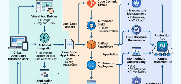Flowchart showing AI low-code platform integration with DevOps processes and production deployment.