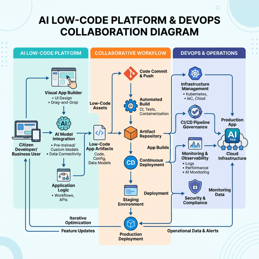Flowchart showing AI low-code platform integration with DevOps processes and production deployment.