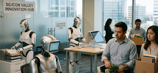 Robots working at desks with employees holding boxes packing up