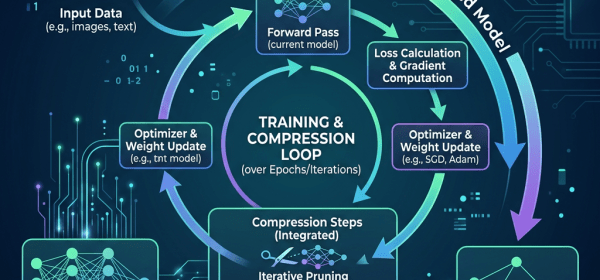 Diagram showing AI model compression during training including dataset input, forward pass, loss calculation, optimizer update, pruning, quantization, and resulting compressed neural network.