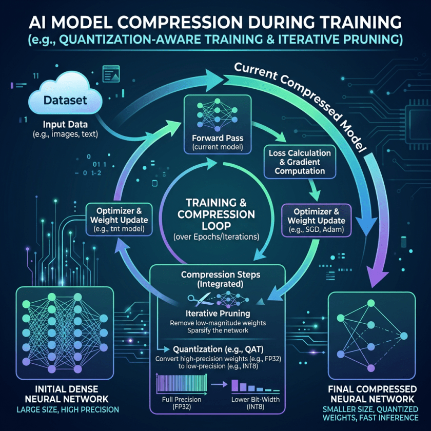 Diagram showing AI model compression during training including dataset input, forward pass, loss calculation, optimizer update, pruning, quantization, and resulting compressed neural network.