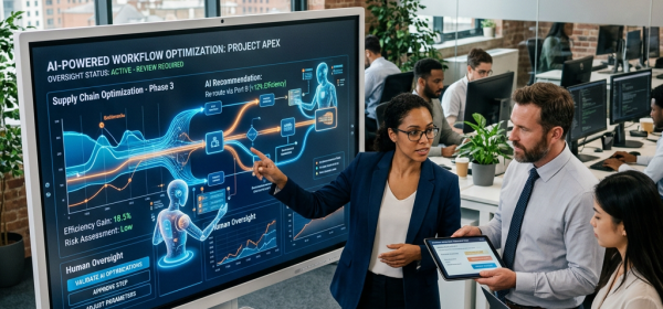 Three professionals reviewing AI workflow optimization on screen and digital devices