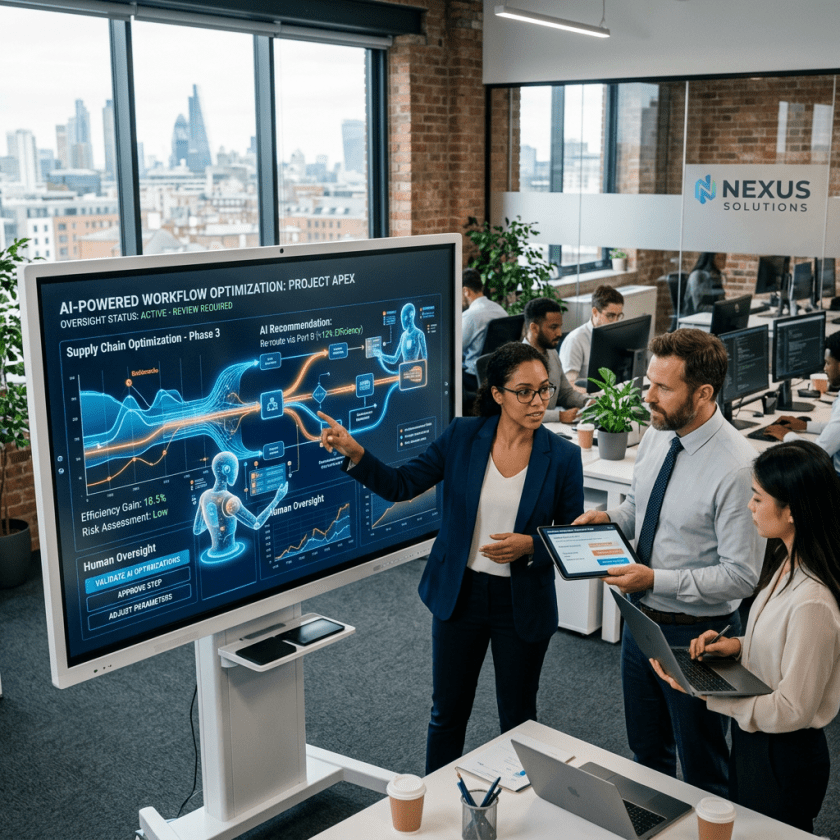 Three professionals reviewing AI workflow optimization on screen and digital devices