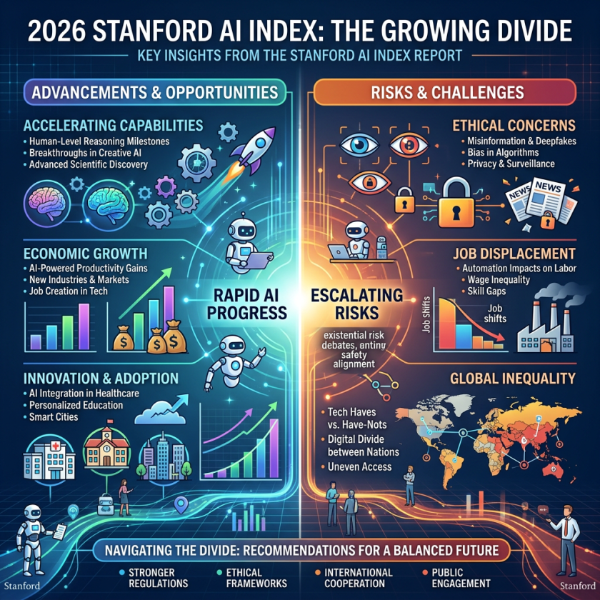 Infographic showing advancements, risks, and recommendations in AI from the 2026 Stanford AI Index