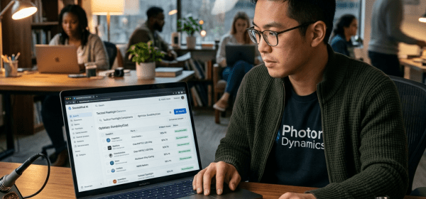 Engineer examining flashlight parts and technical drawings next to laptop with product data