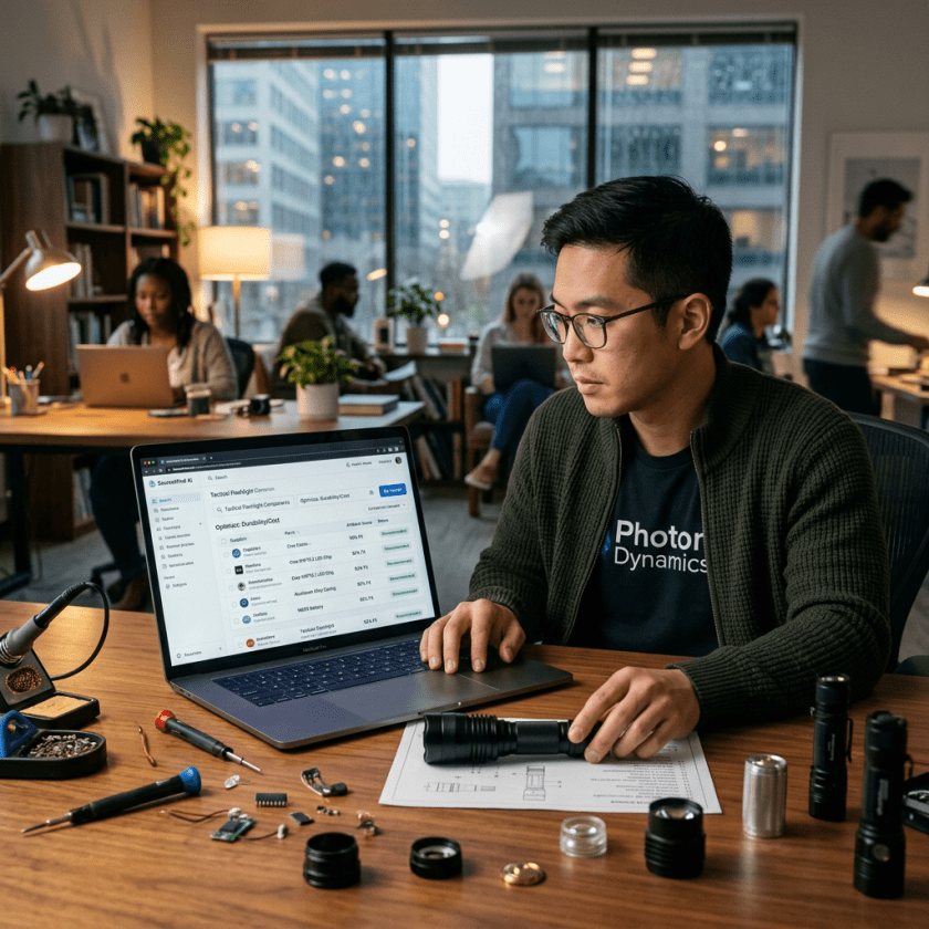 Engineer examining flashlight parts and technical drawings next to laptop with product data