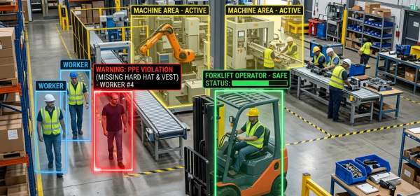 Warehouse scene monitored by AI with highlighted worker PPE compliance and active machine areas