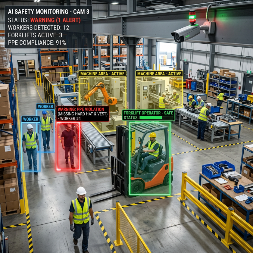 Warehouse scene monitored by AI with highlighted worker PPE compliance and active machine areas