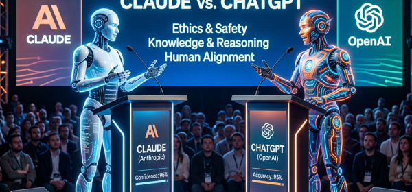 Two futuristic robots at podiums debating AI topics, labeled Claude and ChatGPT, with an audience behind.