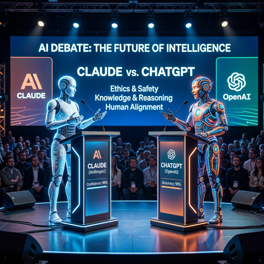 Two futuristic robots at podiums debating AI topics, labeled Claude and ChatGPT, with an audience behind.