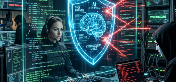 Cybersecurity specialist using AI defense system against hacker in control room