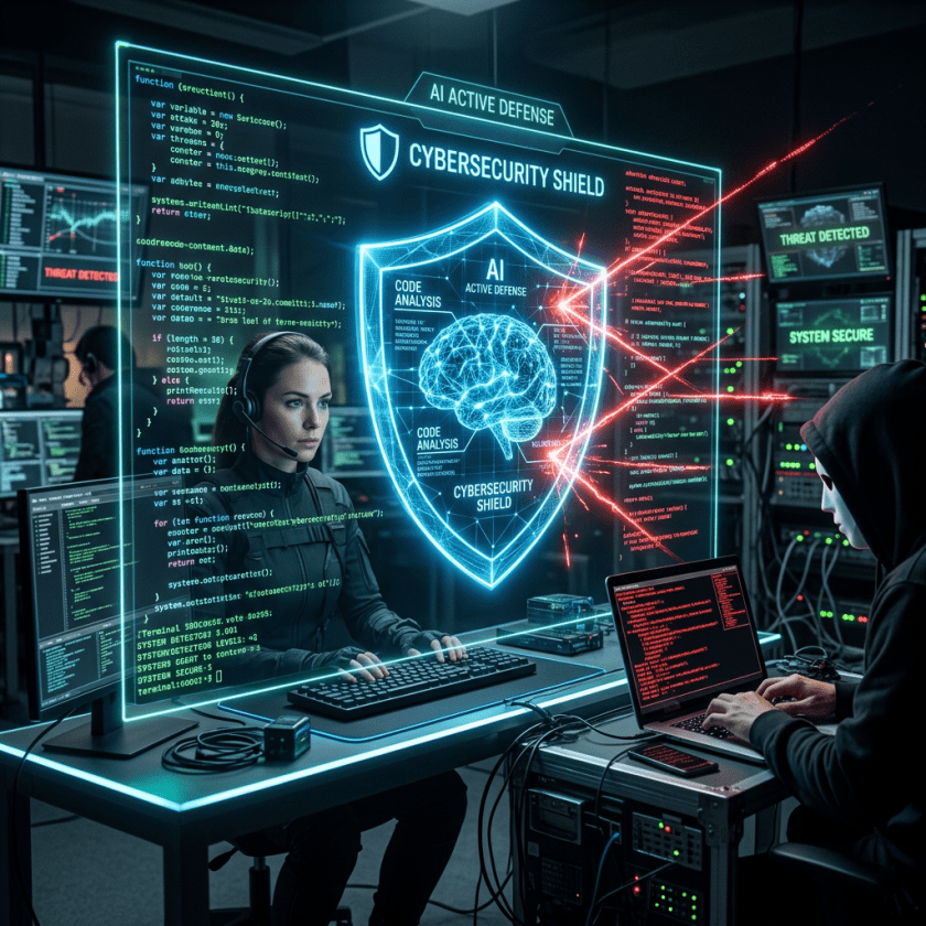 Cybersecurity specialist using AI defense system against hacker in control room