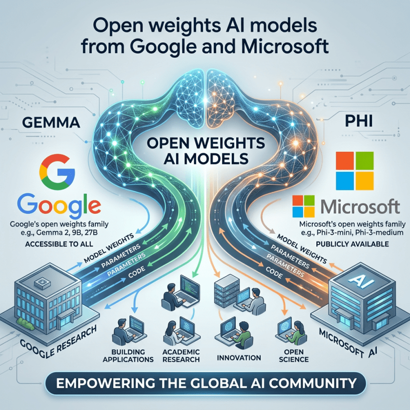 Diagram showing open weights AI models from Google Gemma and Microsoft Phi for research and applications