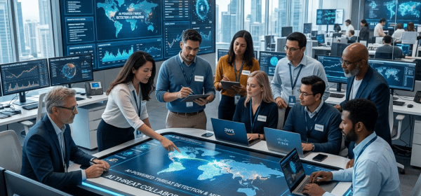 Team collaborating around interactive digital table showing world map and AI cybersecurity data