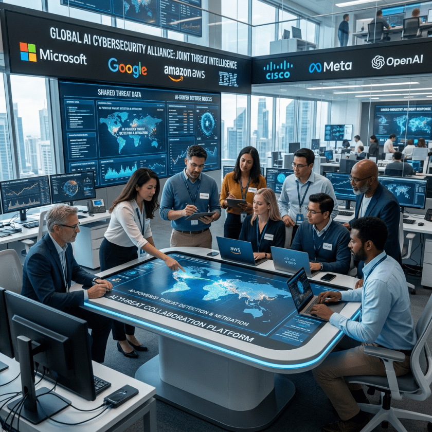Team collaborating around interactive digital table showing world map and AI cybersecurity data