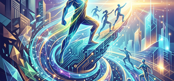 Abstract digital human figures climbing a luminous circuit-like pathway toward bright light